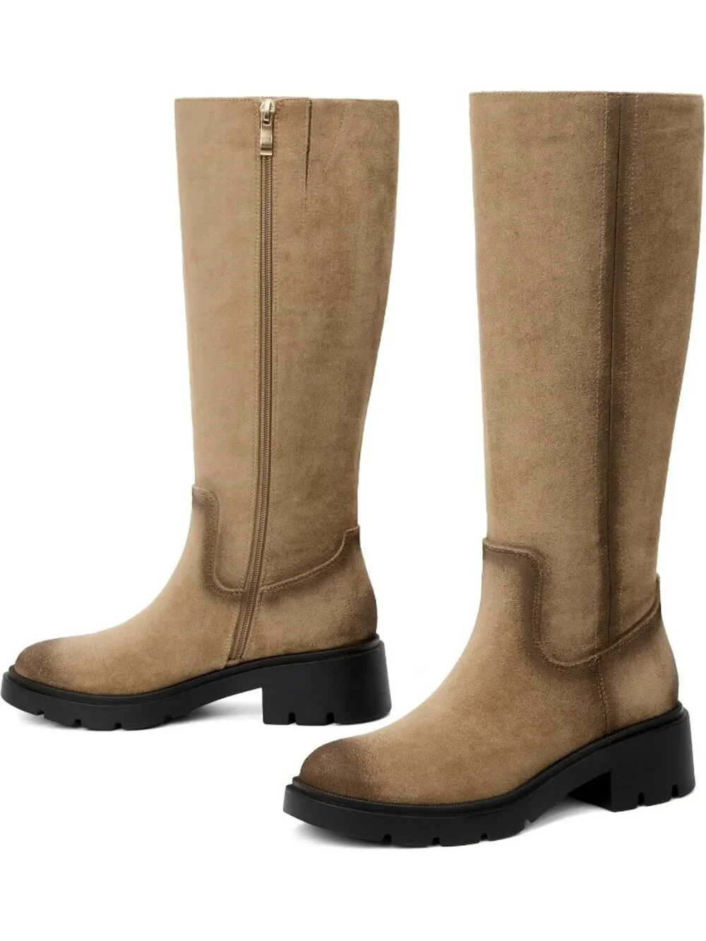 Women's Tan Faux Suede Wide Calf Round Toe Low Heel with Side Zipper Boots